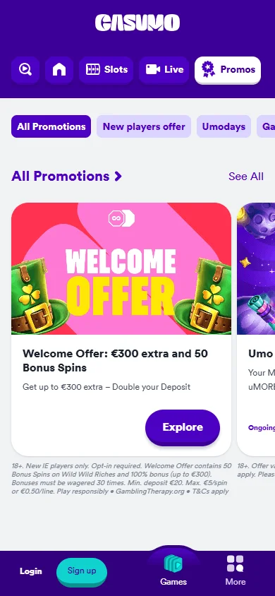 Casumo Casino promotions area on mobile