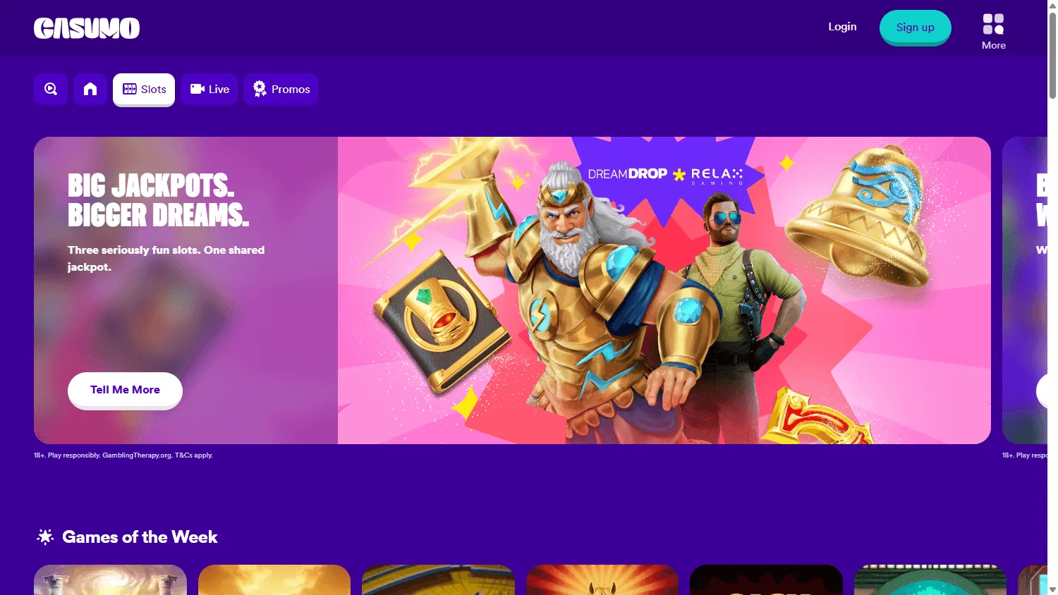 Casumo Casino game lobby on desktop