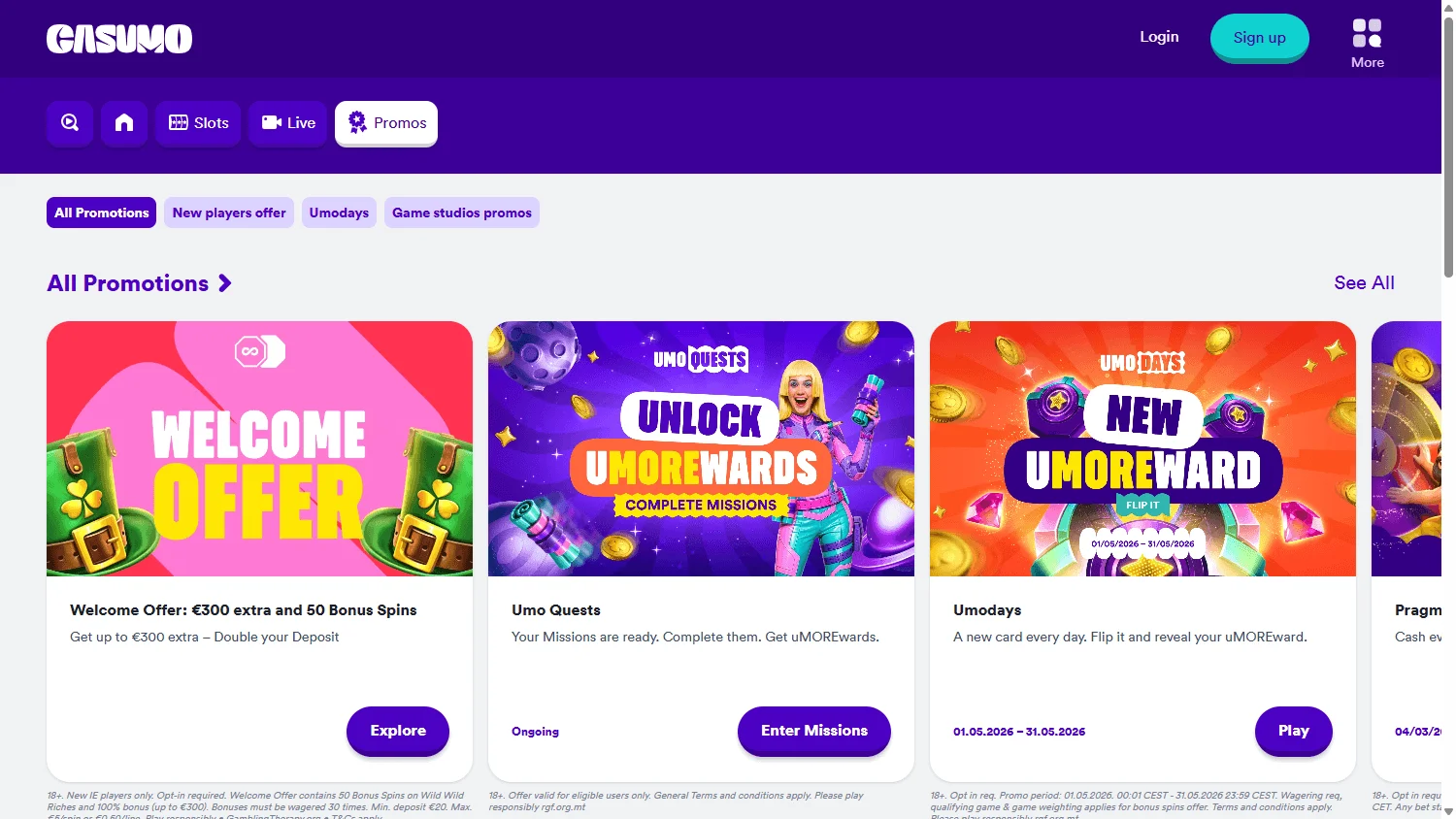 Casumo Casino promotions area on desktop